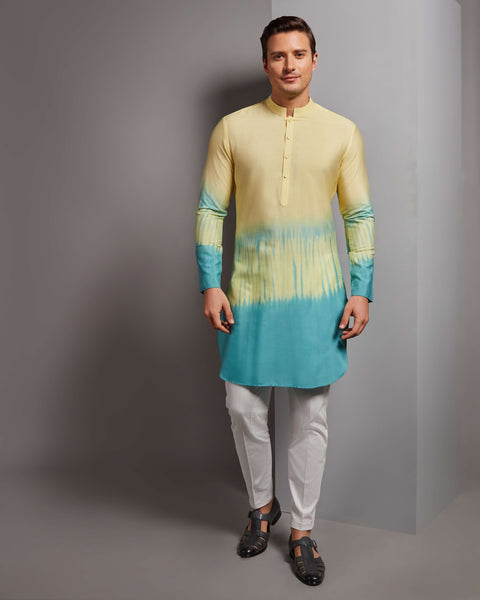RS320 - House of Govinda Yellow Mandarin Collar Kurta Set THE HOUSE OF GOVINDA